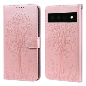 For Google Pixel 6 Pro Tree & Deer Pattern Pressed Printing Horizontal Flip Leather Phone Case(Pink) (OEM)