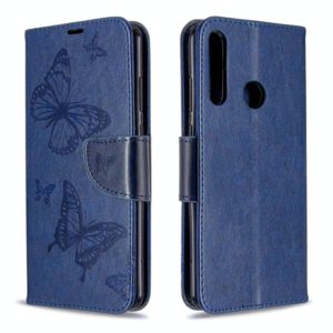 For Huawei Y6P Two Butterflies Embossing Pattern Horizontal Flip Leather Case with Holder & Card Slot & Wallet & Lanyard(Dark Blue) (OEM)