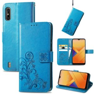 For Wiko Y81 Four-leaf Clasp Embossed Buckle Mobile Phone Protection Leather Case with Lanyard & Card Slot & Wallet & Bracket Function(Blue) (OEM)