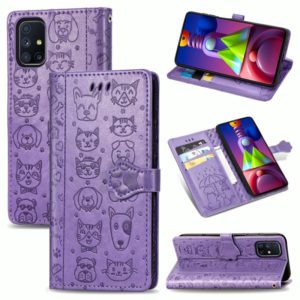 For Samsung Galaxy M51 Cute Cat and Dog Embossed Horizontal Flip Leather Case with Bracket / Card Slot / Wallet / Lanyard(Purple) (OEM)