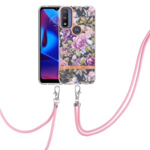 For Motorola Moto G Pure Flowers Series TPU Phone Case with Lanyard(Purple Peony) (OEM)