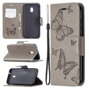 For Nokia C1 Plus Two Butterflies Embossing Pattern Horizontal Flip Leather Case with Holder & Card Slot & Wallet & Lanyard(Grey) (OEM)