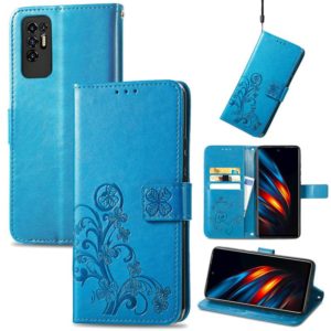 For Tecno Pova 2 Four-leaf Clasp Embossed Buckle Mobile Phone Protection Leather Case with Lanyard & Card Slot & Wallet & Bracket Function(Blue) (OEM)