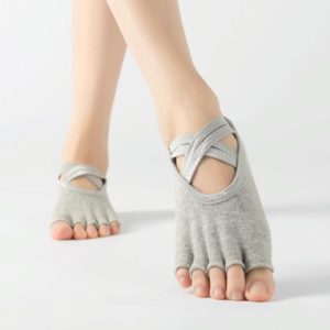 Terry Five-Finger Socks Cotton Thickened Warm and Non-Slip Yoga Socks Cross Strap Dance Socks, Size: One Size(Open Toe (Light Gray)) (OEM)