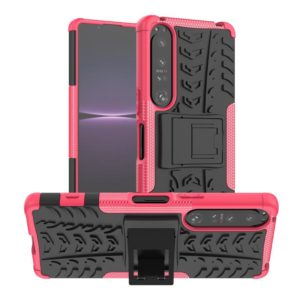 For Sony Xperia 1 IV Tire Texture TPU + PC Phone Case with Holder(Pink) (OEM)
