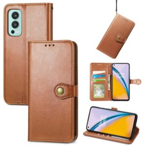 For OnePlus Nord 2 Solid Color Leather Buckle Phone Case with Lanyard & Photo Frame & Card Slot & Wallet & Stand Function(Brwon) (OEM)