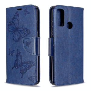 For Huawei P Smart (2020) Two Butterflies Embossing Pattern Horizontal Flip Leather Case with Holder & Card Slot & Wallet & Lanyard(Dark Blue) (OEM)