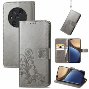 For Honor Magic3 Four-leaf Clasp Embossed Buckle Leather Phone Case(Grey) (OEM)