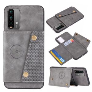 For Xiaomi Redmi Note 9 4G Double Buckle PU + TPU Shockproof Magnetic Protective Case with Card Slot & Holder(Grey) (OEM)
