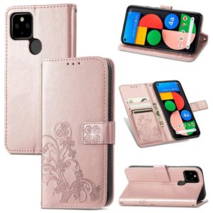 For Google Pixel 5A Four-leaf Clasp Embossed Buckle Mobile Phone Protection Leather Case with Lanyard & Card Slot & Wallet & Bracket Function(Rose Gold) (OEM)