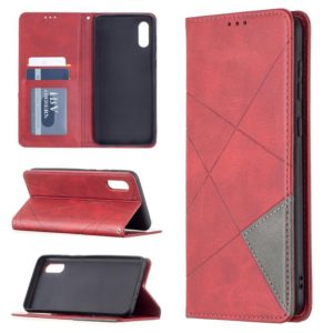 For Samsung Galaxy A02 Rhombus Texture Horizontal Flip Magnetic Leather Case with Holder & Card Slots(Red) (OEM)