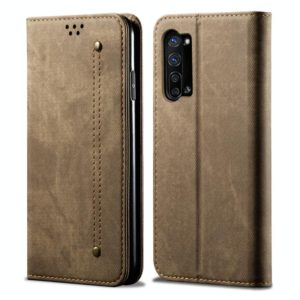 For OPPO Reno 3 5G / Reno 3 Youth Denim Texture Casual Style Horizontal Flip Leather Case with Holder & Card Slots & Wallet(Khaki) (OEM)