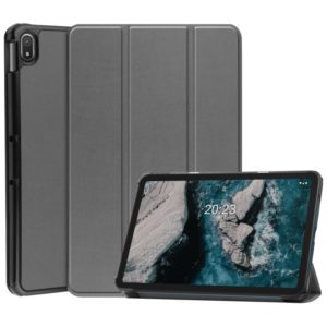 For Nokia T20 Three-folding Holder Custer Texture Leather Tablet Case(Grey) (OEM)