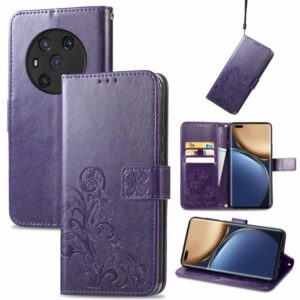 For Honor Magic3 Four-leaf Clasp Embossed Buckle Leather Phone Case(Purple) (OEM)