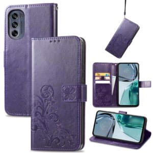 For Motorola Moto G62 Four-leaf Clasp Embossed Buckle Leather Phone Case(Purple) (OEM)