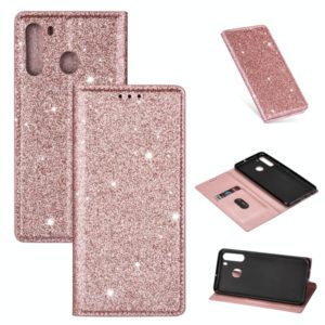 For Samsung Galaxy A21 Ultrathin Glitter Magnetic Horizontal Flip Leather Case with Holder & Card Slots(Rose Gold) (OEM)