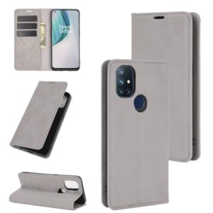 For OnePlus Nord N10 5G Retro-skin Business Magnetic Suction Leather Case with Holder & Card Slots & Wallet(Grey) (OEM)