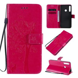 For Huawei P40 Lite E Tree & Cat Embossed Pattern Horizontal Flip Leather Case with Holder & Card Slots & Wallet & Lanyard(Rose Red) (OEM)