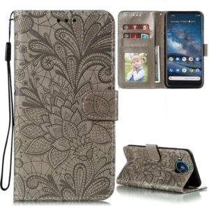 For Nokia 8.3 5G Lace Flower Embossing Pattern Horizontal Flip Leather Case with Holder & Card Slots & Wallet & Photo Frame(Grey) (OEM)