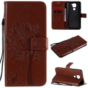 For Xiaomi Redmi Note 9 Tree & Cat Embossed Pattern Horizontal Flip Leather Case with Holder & Card Slots & Wallet & Lanyard(Coffee) (OEM)