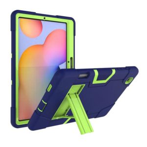 For Samsung Galaxy Tab S6 Lite P610 Contrast Color Robot Shockproof Silicon + PC Protective Case with Holder(Navy Blue + Yellow-green) (OEM)