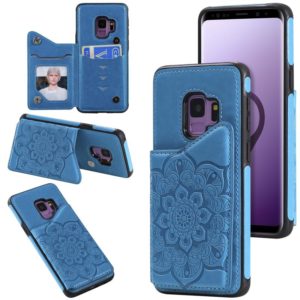 For Samsung Galaxy S9 Flower Embossing Pattern Shockproof Protective Case with Holder & Card Slots & Photo Frame(Blue) (OEM)