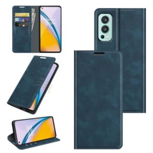 For OnePlus Nord 2 5G Retro-skin Business Magnetic Suction Leather Case with Holder & Card Slots & Wallet(Dark Blue) (OEM)