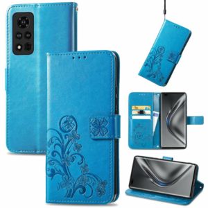 For Honor V40 5G Four-leaf Clasp Embossed Buckle Mobile Phone Protection Leather Case with Lanyard & Card Slot & Wallet & Bracket Function(Blue) (OEM)