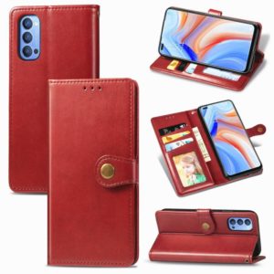 For OPPO Reno 4 Retro Solid Color Leather Buckle Phone Case with Lanyard & Photo Frame & Card Slot & Wallet & Stand Function(Red) (OEM)