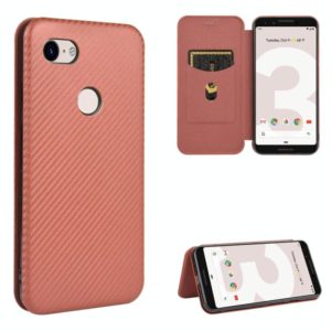 For Google Pixel 3 Carbon Fiber Texture Horizontal Flip TPU + PC + PU Leather Case with Card Slot(Brown) (OEM)