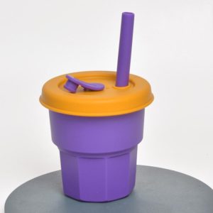 Children Silicone Straw Cups Drop And High Temperature Resistant Water Cups Purple Cup +Turmeric Cover(400ml) (OEM)