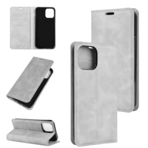 For iPhone 12 / 12 Pro Retro-skin Business Magnetic Suction Leather Case with Holder & Card Slots & Wallet(Grey) (OEM)