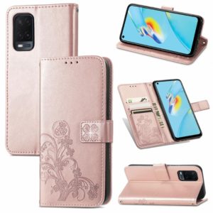 For OPPO A54 4G Four-leaf Clasp Embossed Buckle Mobile Phone Protection Leather Case with Lanyard & Card Slot & Wallet & Bracket Function(Rose Gold) (OEM)