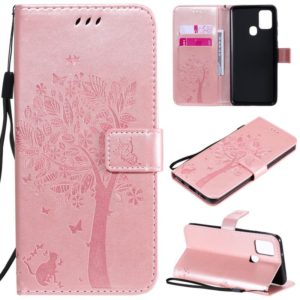 For Samsung Galaxy A21s Tree & Cat Embossed Pattern Horizontal Flip Leather Case with Holder & Card Slots & Wallet & Lanyard(Rose Gold) (OEM)