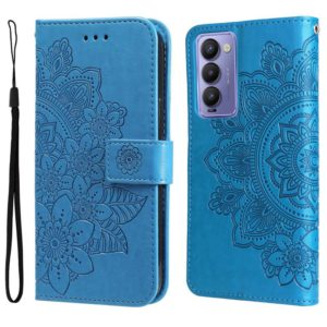 For Tecno Camon 18/18P 7-petal Flowers Embossed Flip Leather Phone Case(Blue) (OEM)