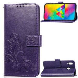 Lucky Clover Pressed Flowers Pattern Leather Case for Galaxy M20, with Holder & Card Slots & Wallet & Hand Strap (Purple) (OEM)