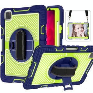 For iPad Pro 11 2022 / 2021 / 2020 / 2018 / Air 2020 10.9 360-Rotation Contrast Color Shockproof Silicone PC Tablet Case with Holder & Hand Grip Strap & Shoulder Strap (Navy+Yellow Green) (OEM)