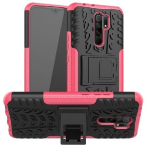 For Xiaomi Redmi 9 Tire Texture Shockproof TPU + PC Protective Case with Holder(Rose Red) (OEM)
