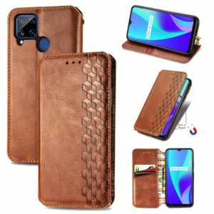 For OPPO Realme C15 Cubic Grid Pressed Horizontal Flip Magnetic PU Leather Case with Holder & Card Slots & Wallet(Brown) (OEM)