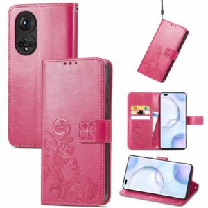 For Honor 50 Pro Four-leaf Clasp Embossed Buckle Mobile Phone Protection Leather Case with Lanyard & Card Slot & Wallet & Bracket Function(Magenta) (OEM)