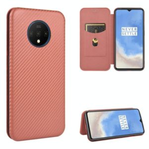 For OnePlus 7T Carbon Fiber Texture Horizontal Flip TPU + PC + PU Leather Case with Card Slot(Brown) (OEM)