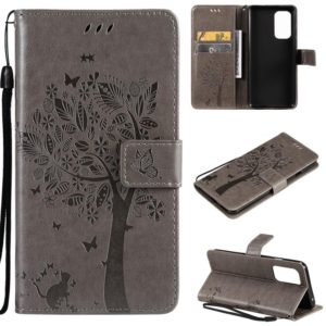 For OnePlus 9 Tree & Cat Pattern Pressed Printing Horizontal Flip PU Leather Case with Holder & Card Slots & Wallet & Lanyard(Grey) (OEM)
