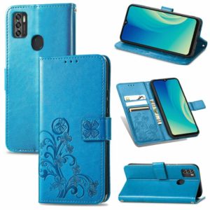 For ZTE A7S 2020 Four-leaf Clasp Embossed Buckle Mobile Phone Protection Leather Case with Lanyard & Card Slot & Wallet & Bracket Function(Blue) (OEM)