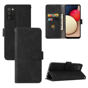 For Samsung Galaxy A02s Solid Color Skin Feel Magnetic Buckle Horizontal Flip Calf Texture PU Leather Case with Holder & Card Slots & Wallet(Black) (OEM)
