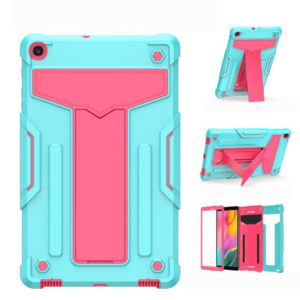 For Samsung Galaxy Tab A10.1 (2019) T510 T-shaped Bracket Contrast Color Shockproof PC + Silicone Flat Protective Case(Mint Green+Rose Red) (OEM)