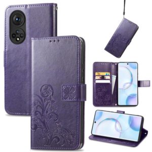 For Honor 50 Four-leaf Clasp Embossed Buckle Mobile Phone Protection Leather Case with Lanyard & Card Slot & Wallet & Bracket Function(Purple) (OEM)