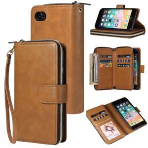 For iPhone SE 2022 / SE 2020 / 8 / 7 Zipper Wallet Bag Horizontal Flip PU Leather Case with Holder & 9 Card Slots & Wallet & Lanyard & Photo Frame(Brown) (OEM)