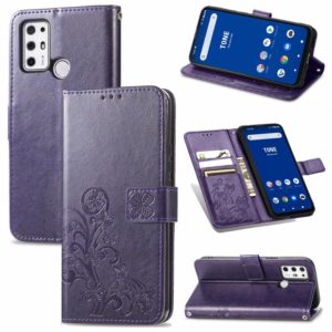 For Tone E21 Four-leaf Clasp Embossed Buckle Mobile Phone Protection Leather Case with Lanyard & Card Slot & Wallet & Bracket Function(Purple) (OEM)