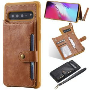 For Galaxy S10 5G Buckle Zipper Shockproof Protective Case with Holder & Card Slots & Wallet & Lanyard & Photos Frame(Brown) (OEM)