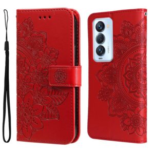 For Tecno Camon 18 Premier 7-petal Flowers Embossed Flip Leather Phone Case(Red) (OEM)